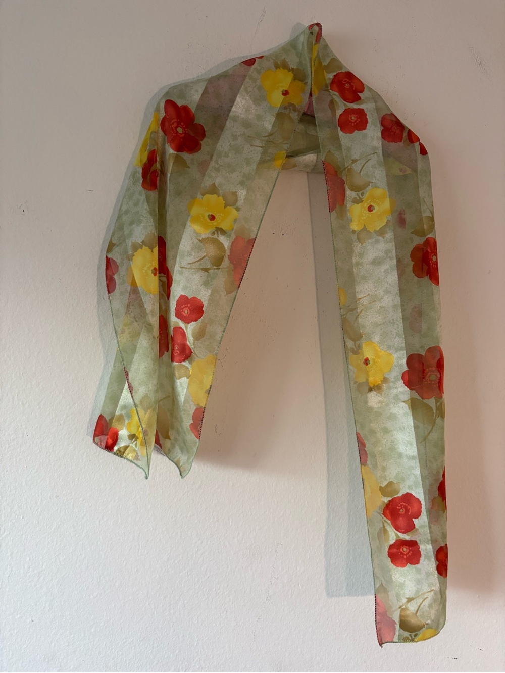 Floral Sheer Scarf in Green with Red & Yellow Blooms